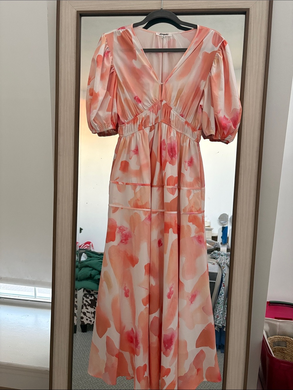 Summer V-Neck Midi Dress - Coral Watercolor Print
